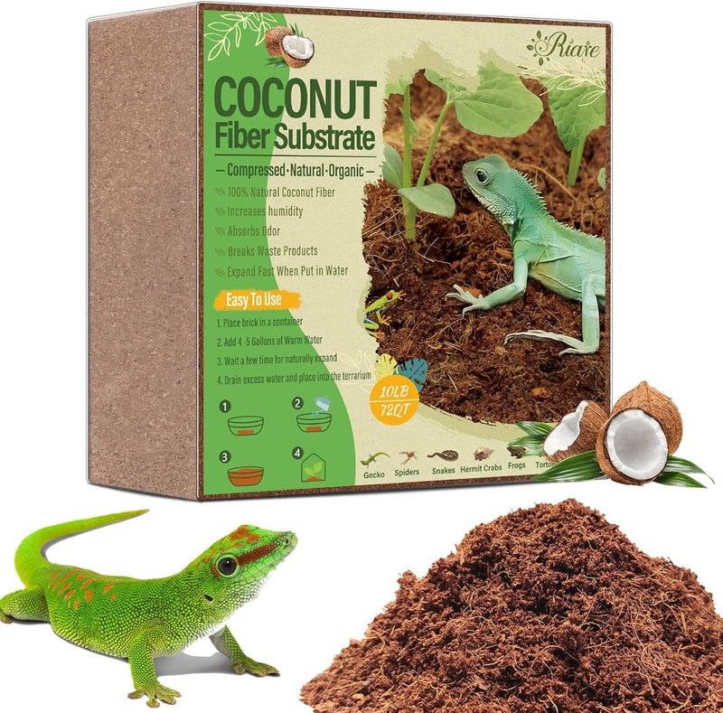 Riare 10LBS Natural Coconut Fiber Substrate for Reptile- Premium Compressed Coconut Husk Terrarium Bedding for Reptile, Tortoise, Frogs, Snakes, Hermit Crabs, Burrowing Animals - Image 1